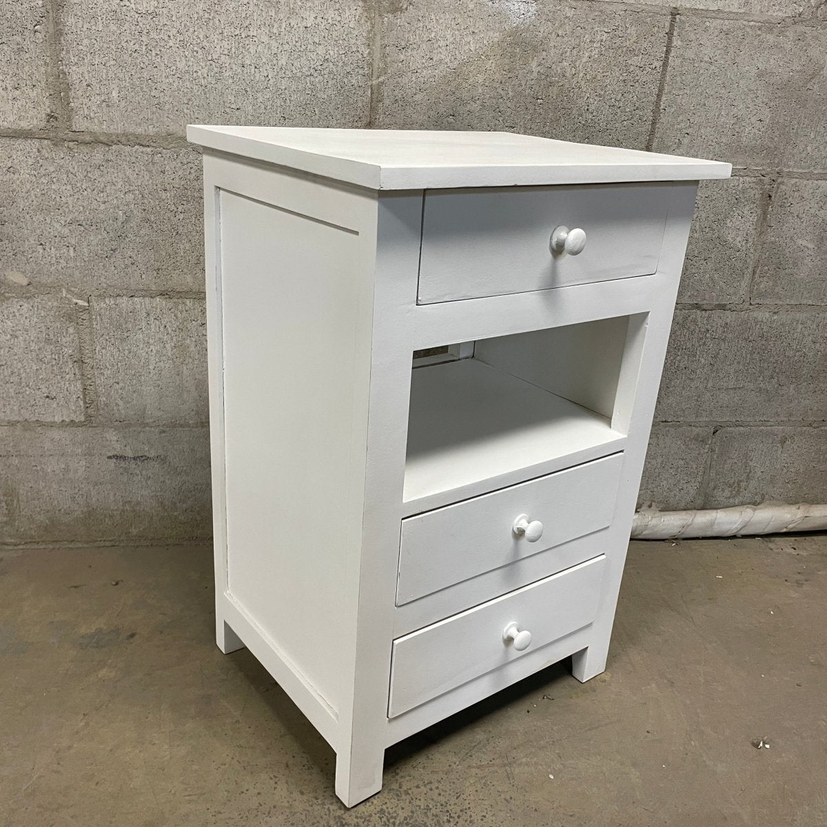Lunenburg Distressed white 3 drawer accent table - Rustic Furniture Outlet