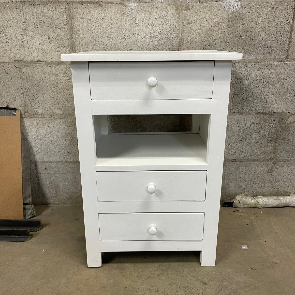 Lunenburg Distressed white 3 drawer accent table - Rustic Furniture Outlet