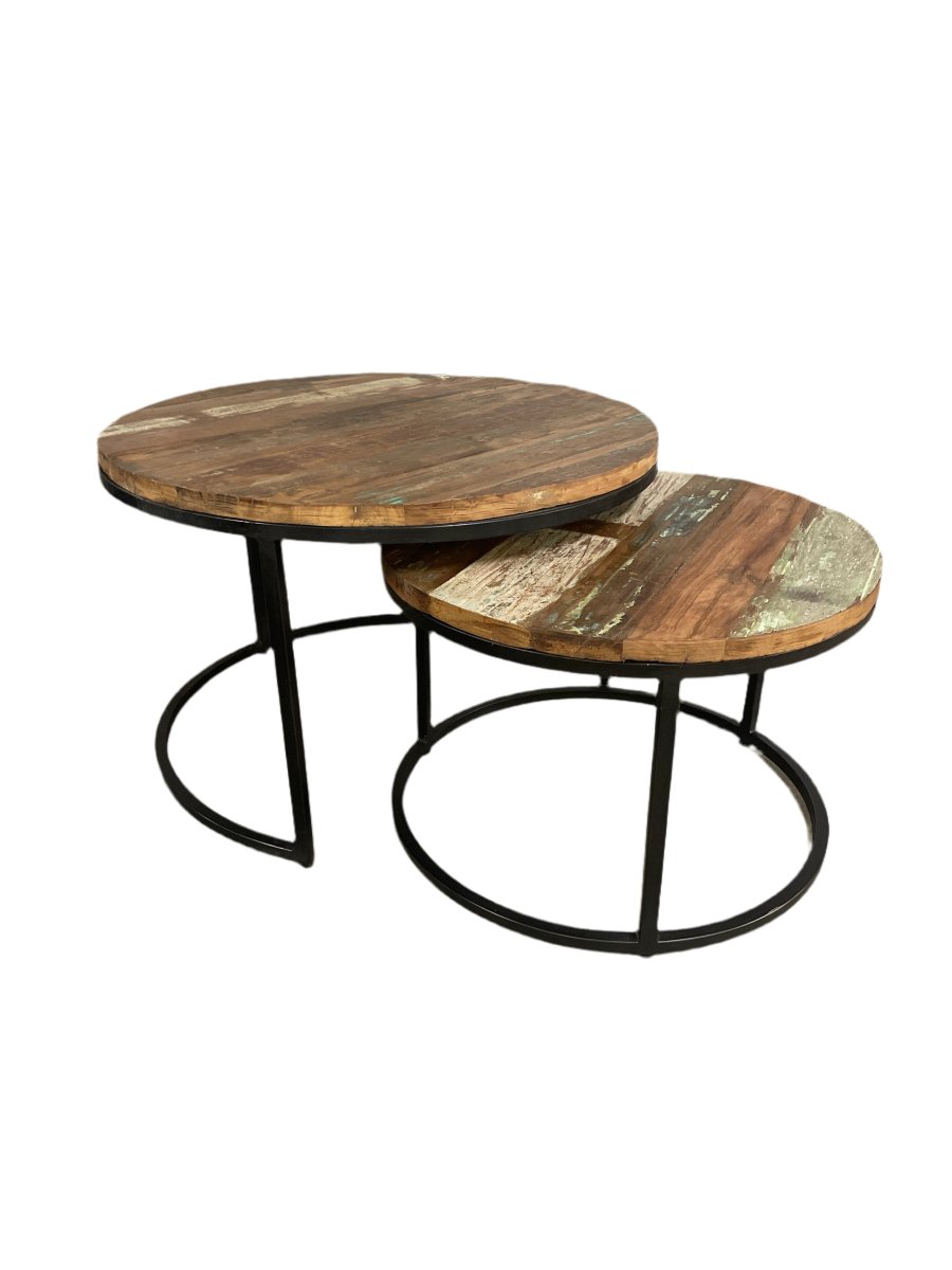 Old wood 30 inch Round nesting coffee tables set of 2