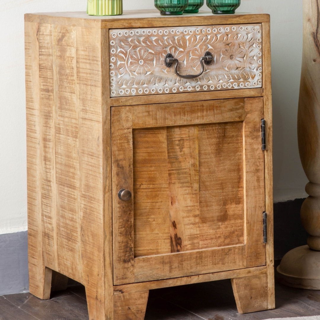 Carved Ivory Delight Nightstand - 26 Inch - Rustic Furniture Outlet