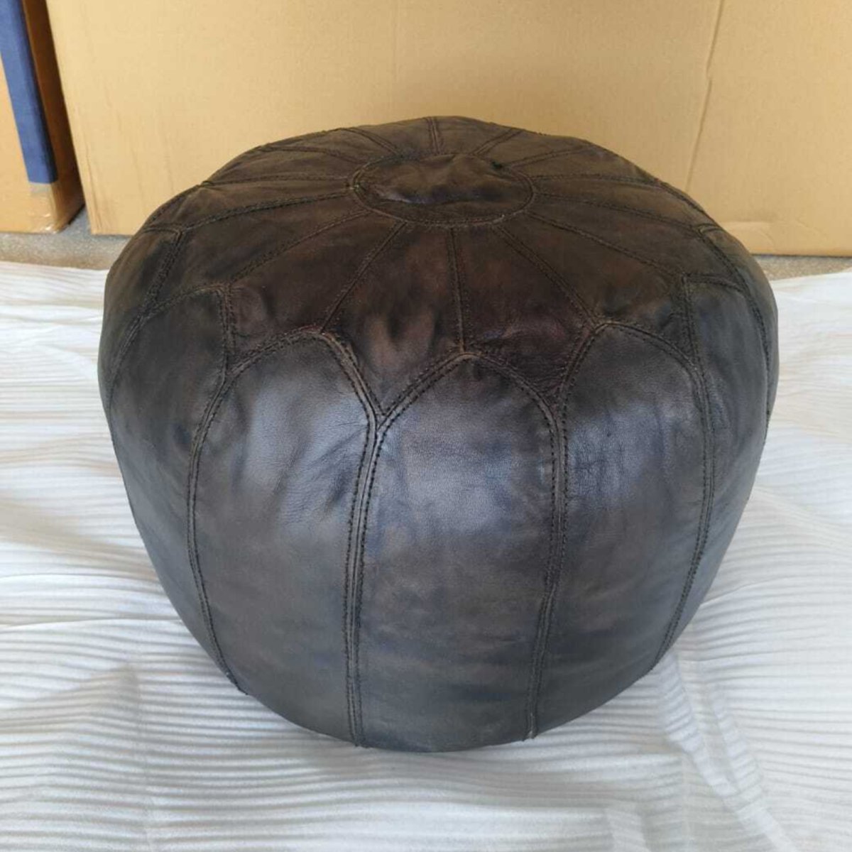 Dakota Chocolate leather round ottoman - Rustic Furniture Outlet