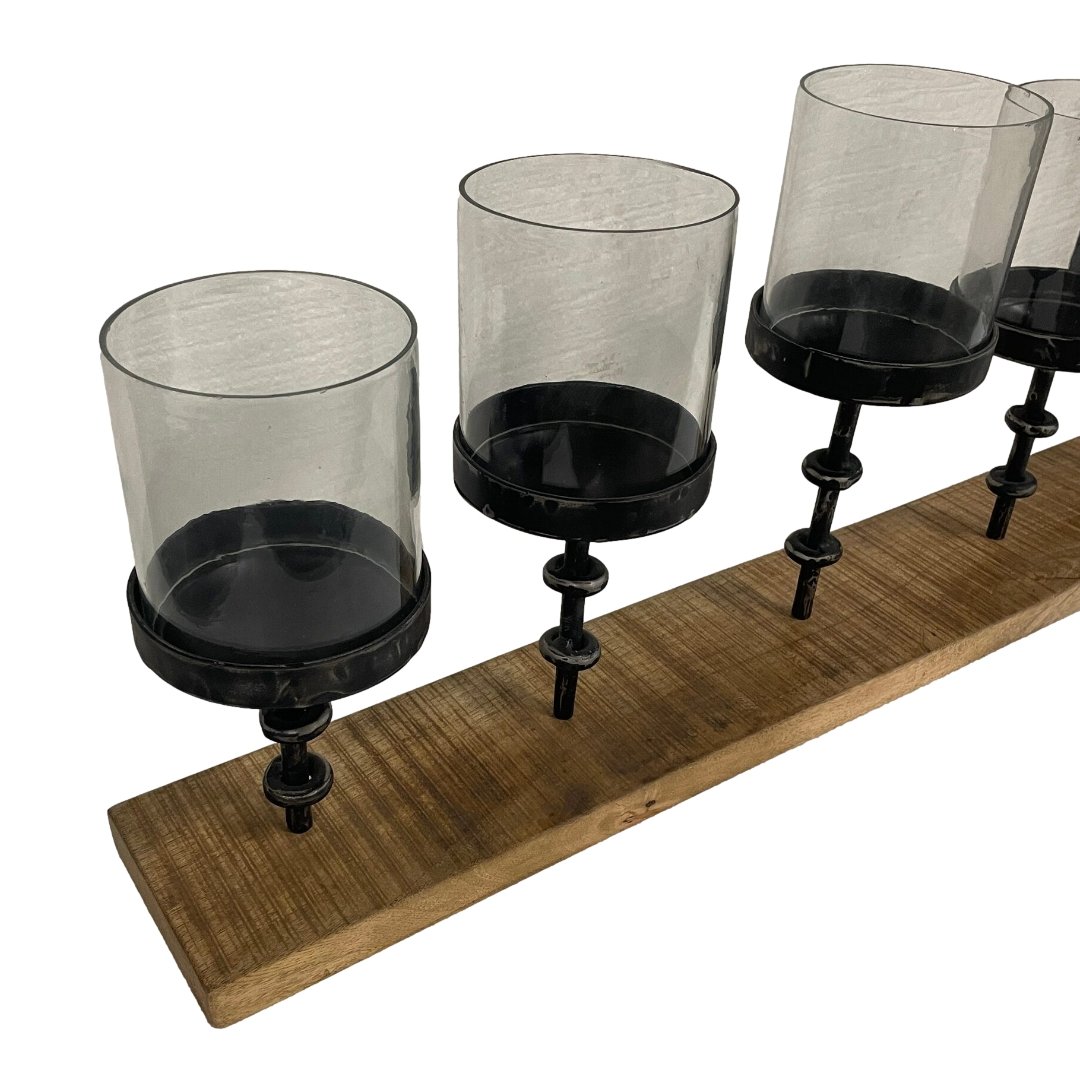 Decorative 5 Glass Votive Candle Holder Centerpiece on wood base - Rustic Furniture Outlet