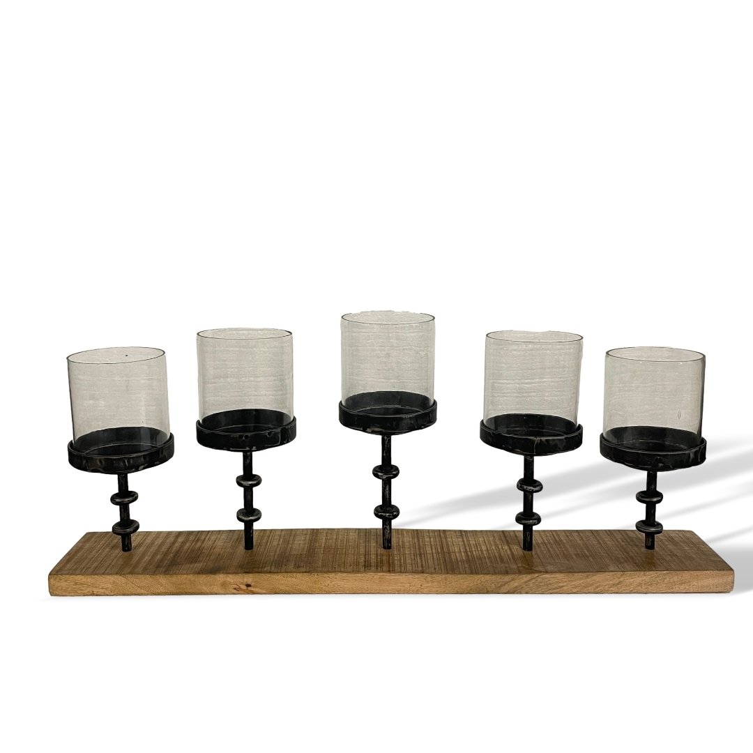Decorative 5 Glass Votive Candle Holder Centerpiece on wood base - Rustic Furniture Outlet