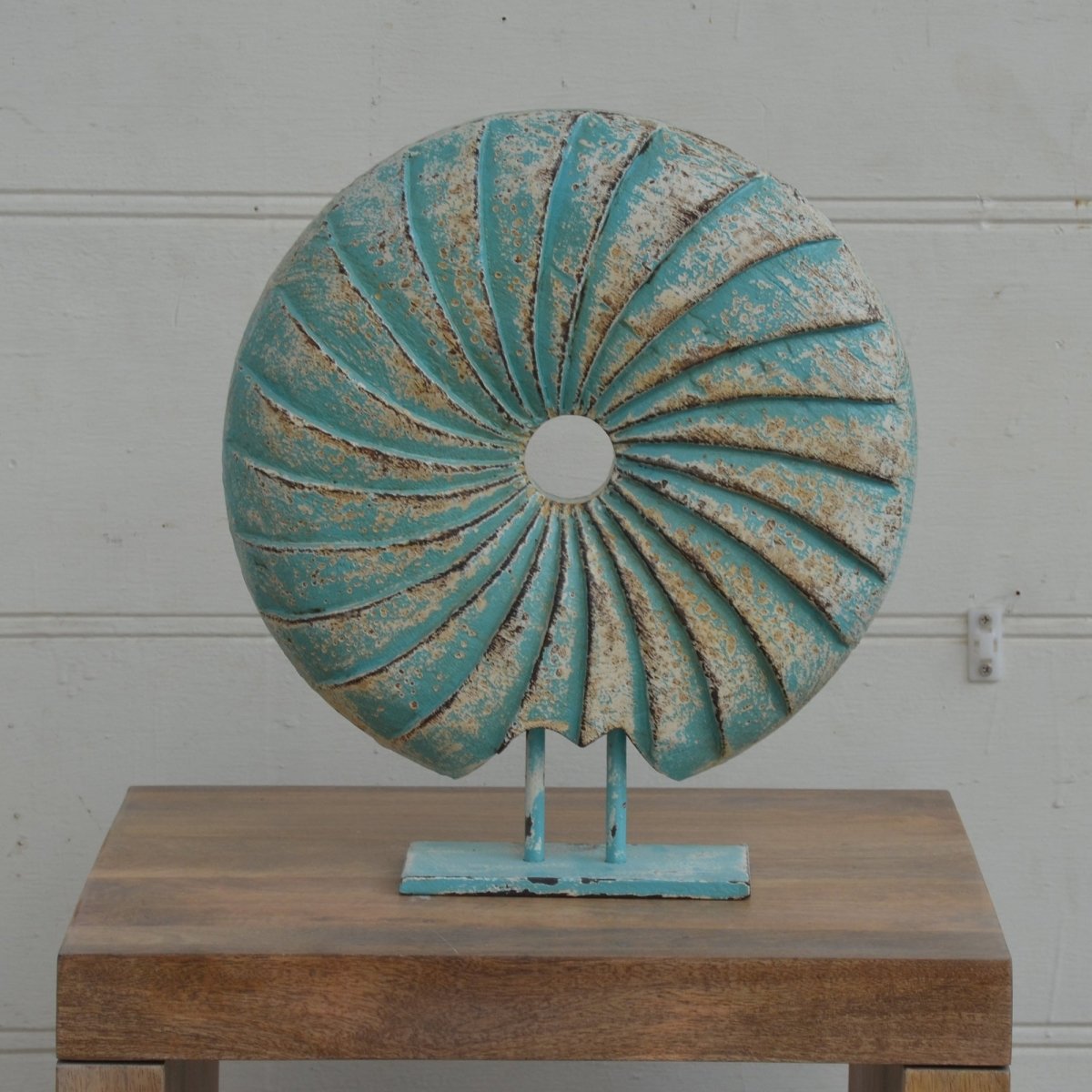 Distressed Blue Seashell on Stand - Rustic Furniture Outlet