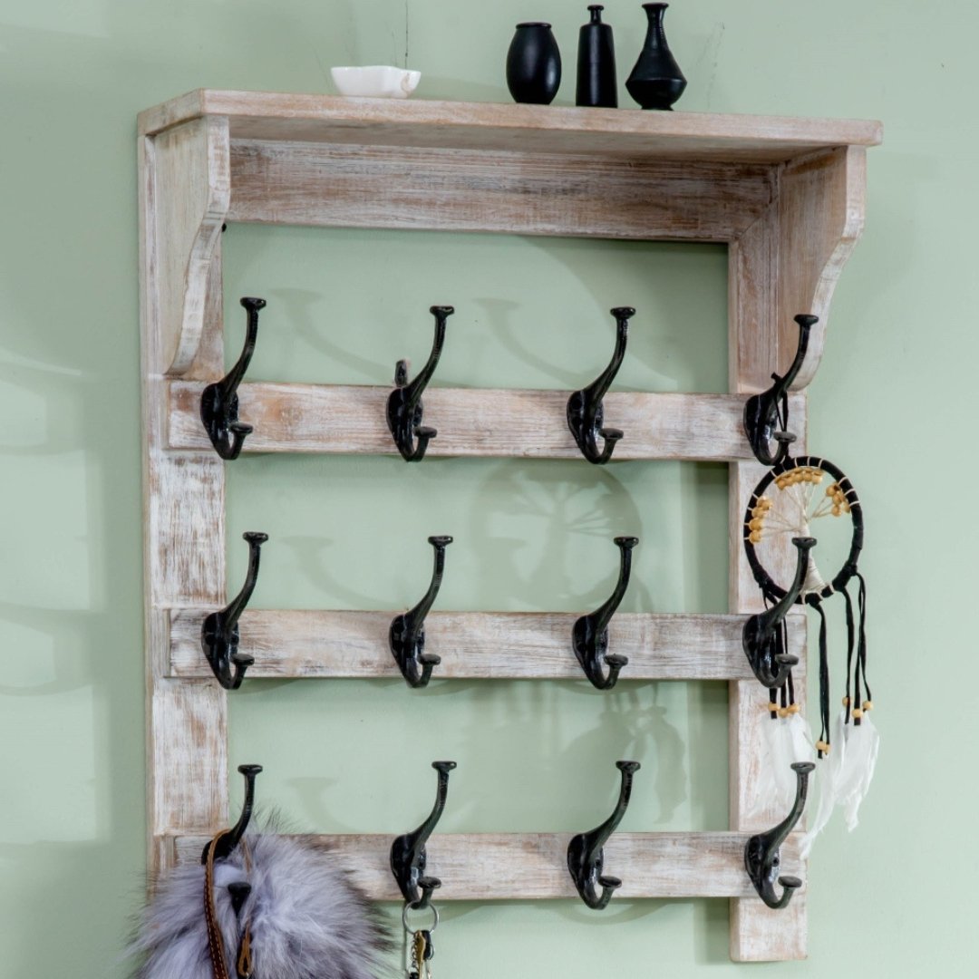 Elisa Mango Wood Coat Rack Shelf Wall Mount 16 hooks - Rustic Furniture Outlet