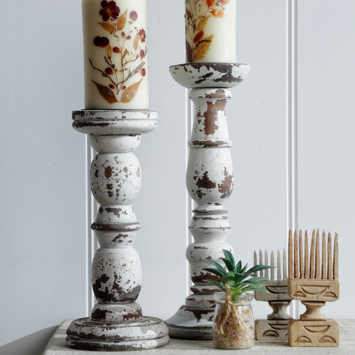 Farmhouse Distressed White set of 2 candle holders - Rustic Furniture Outlet