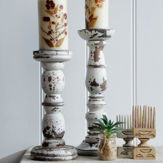 Farmhouse Distressed White set of 2 candle holders - Rustic Furniture Outlet