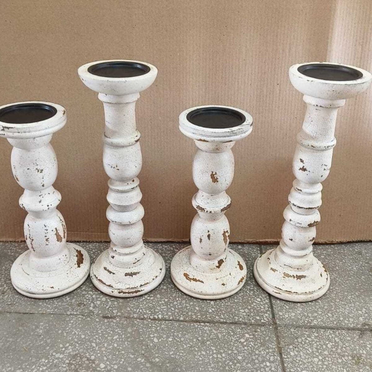 Farmhouse Distressed White set of 2 candle holders - Rustic Furniture Outlet