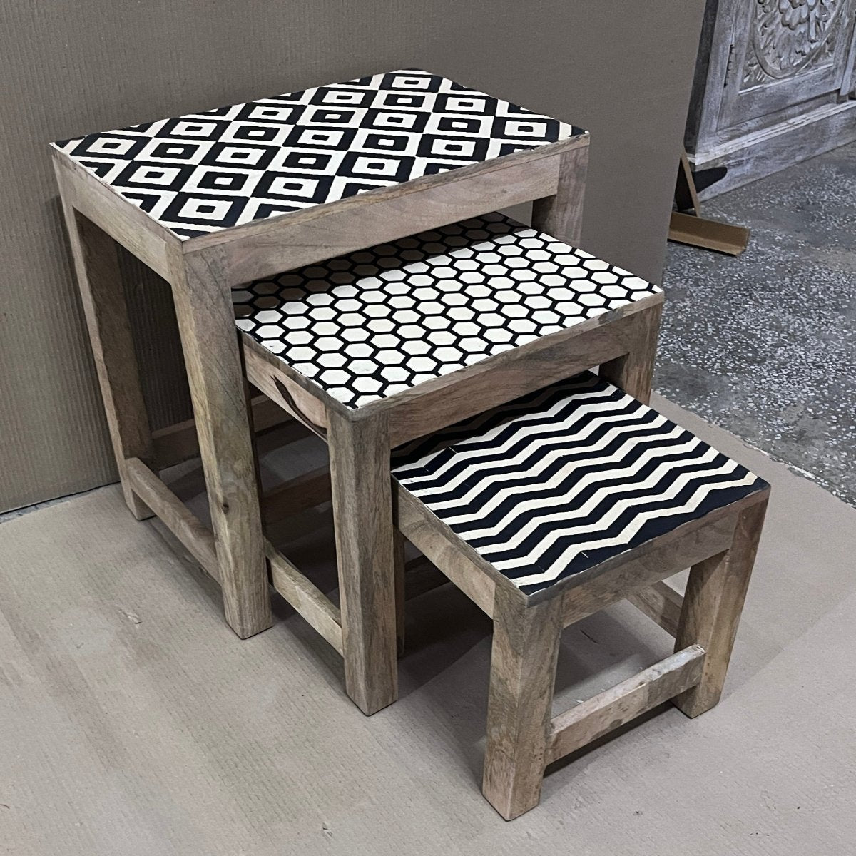 Hand painted nesting end mango wood end tables (set of 3) - Rustic Furniture Outlet