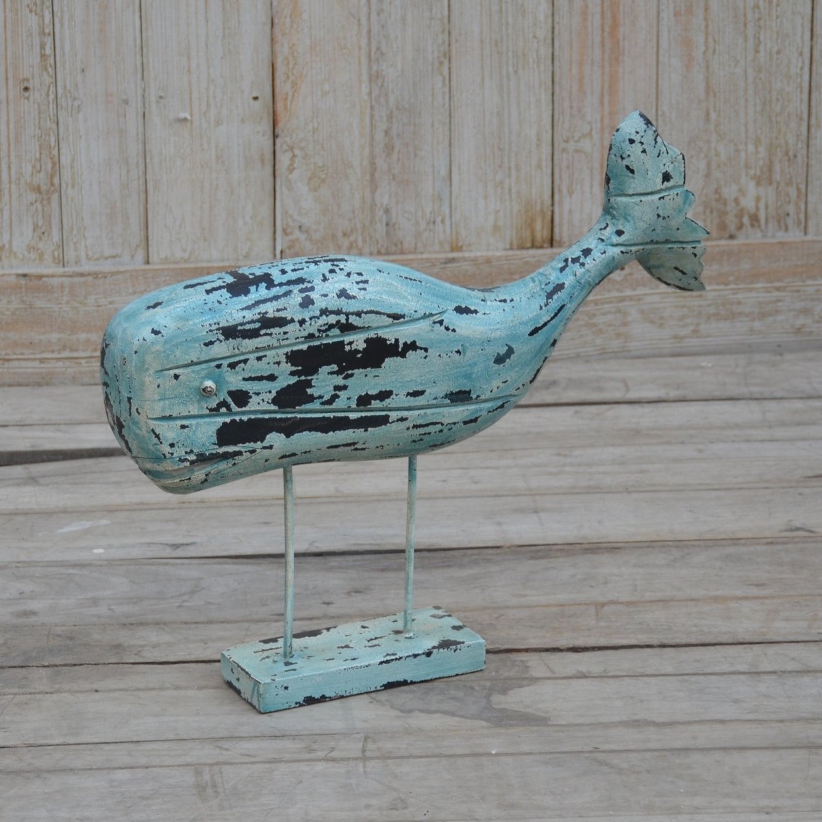 Large Distressed Blue Mango Wood Whale on Stand - Rustic Furniture Outlet