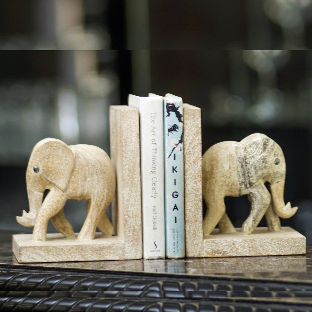 Mango Wood Decorative Elephant Bookends - Rustic Furniture Outlet
