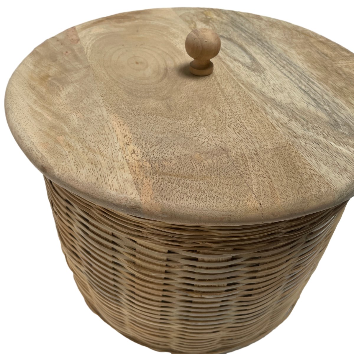 Panier moyen en rotin avec couvercle en bois de manguier - Rustic Furniture Outlet