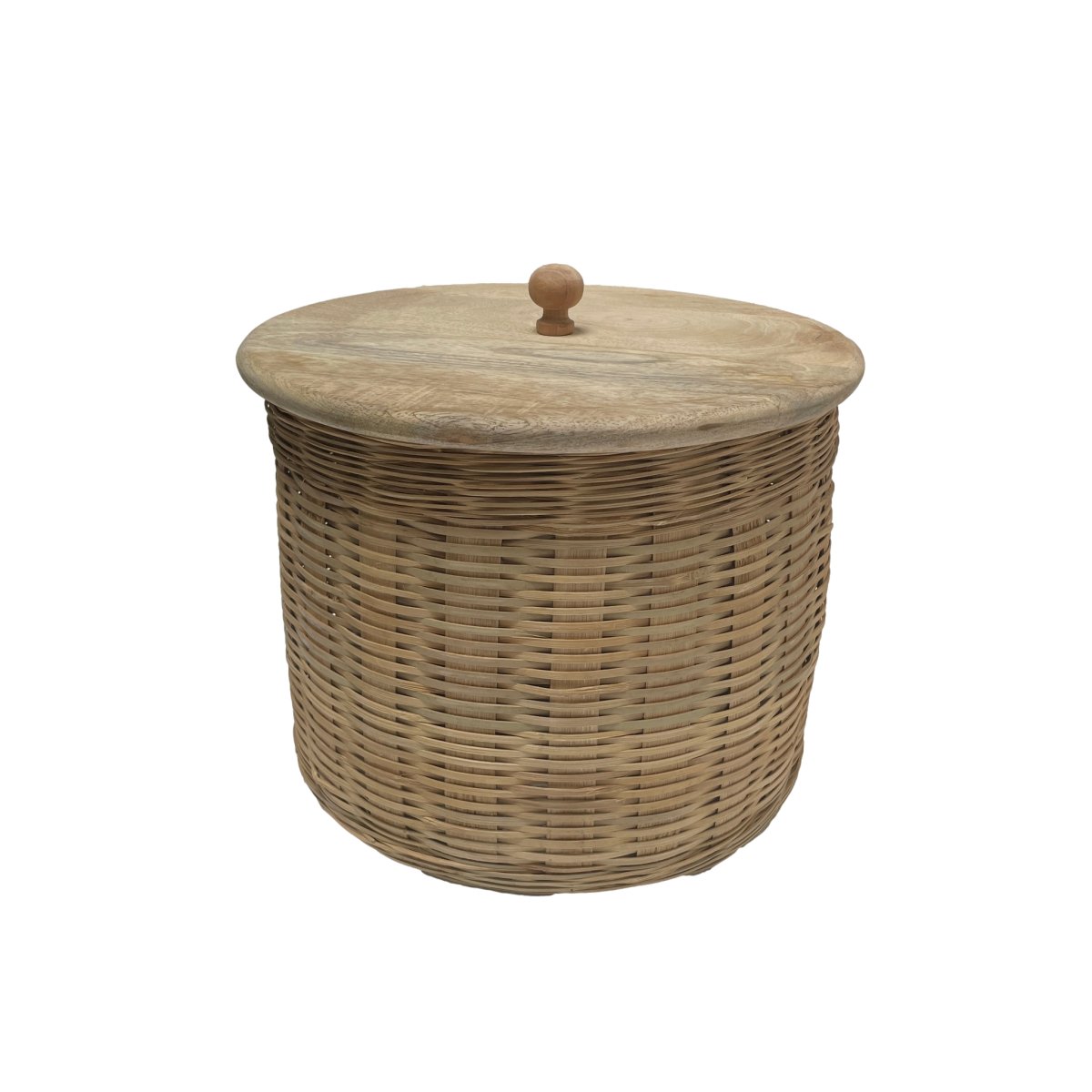 Panier moyen en rotin avec couvercle en bois de manguier - Rustic Furniture Outlet