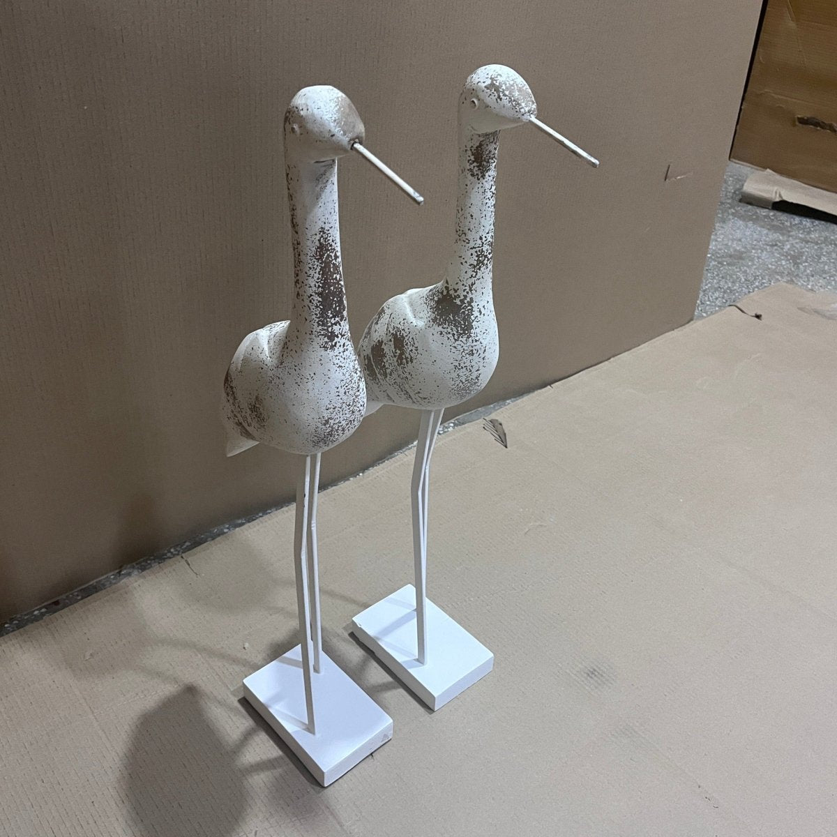 Medium standing distressed white mango wood bird - Rustic Furniture Outlet