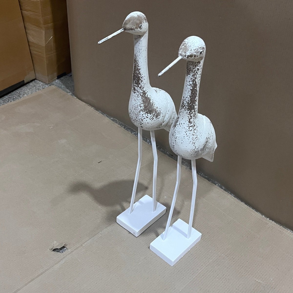 Medium standing distressed white mango wood bird - Rustic Furniture Outlet