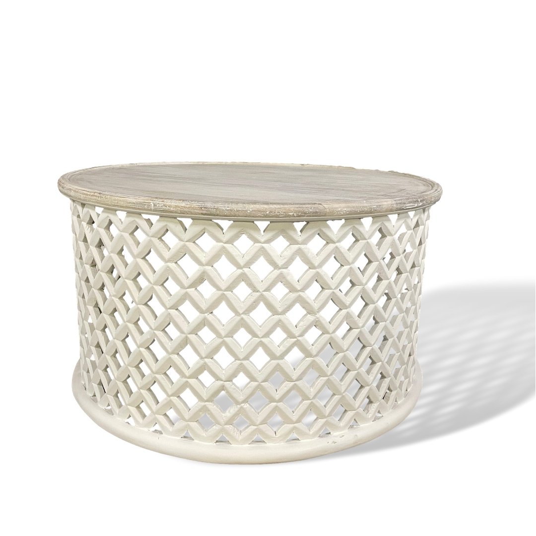 Montauk White mango wood round coffee table - Rustic Furniture Outlet