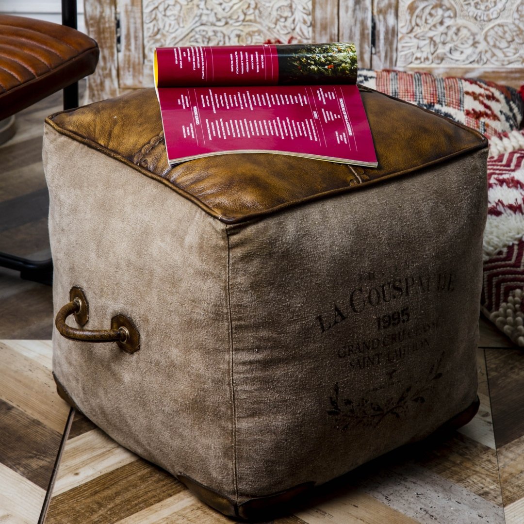 Recycled canvas and leather pouf handles - Rustic Furniture Outlet