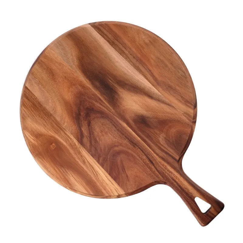 Round Acacia Wood Cutting Board with Handle for Cheese, Charcuterie, and Pizza - Rustic Furniture Outlet