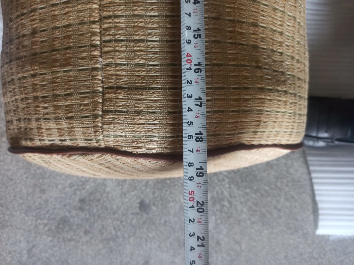 Sawana Woven Raffia Round Pouf With Leather Trim - Rustic Furniture Outlet