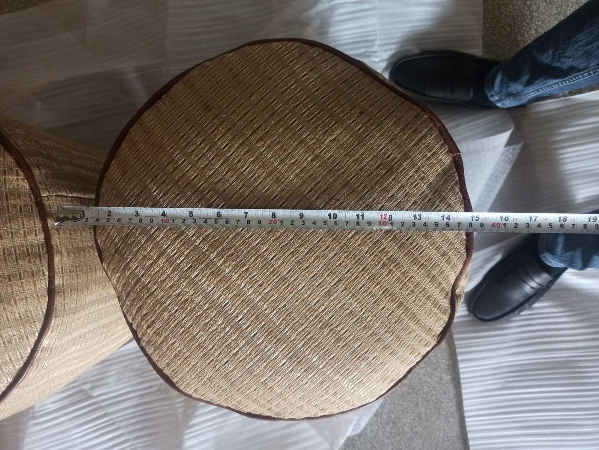 Sawana Woven Raffia Round Pouf With Leather Trim - Rustic Furniture Outlet