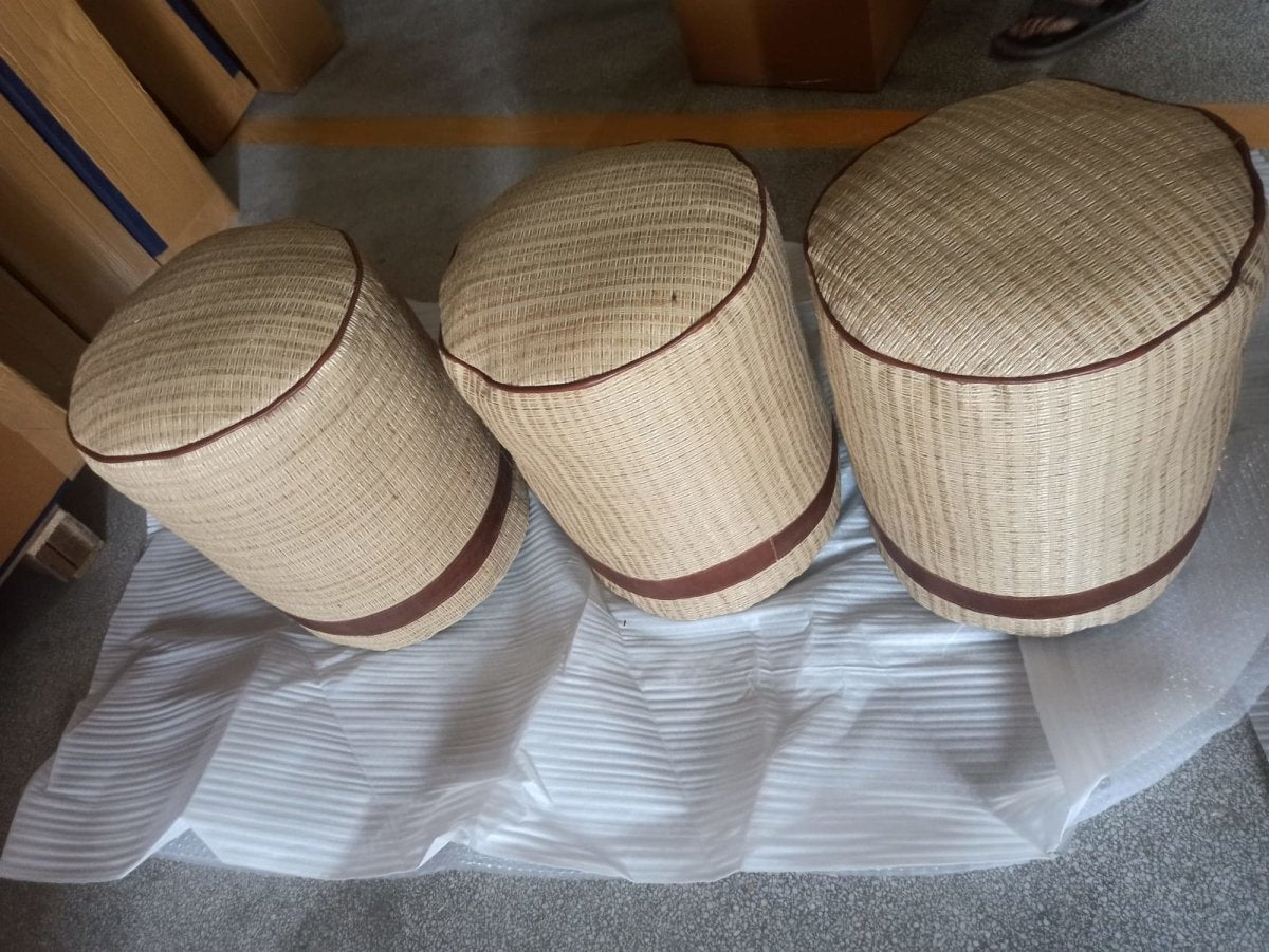 Sawana Woven Raffia Round Pouf With Leather Trim - Rustic Furniture Outlet