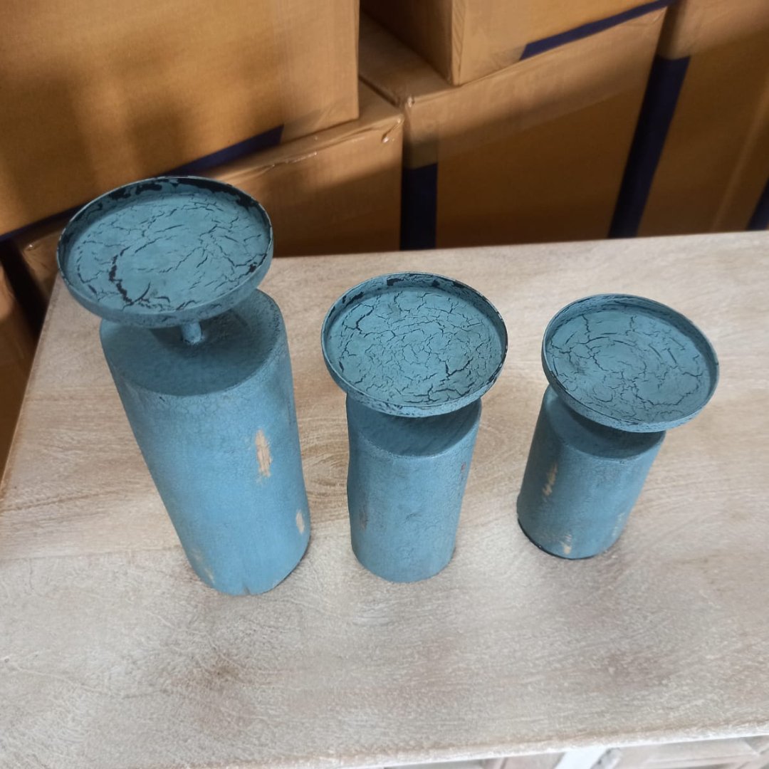 Set of 3 distressed turquoise Candle Holders - Rustic Furniture Outlet
