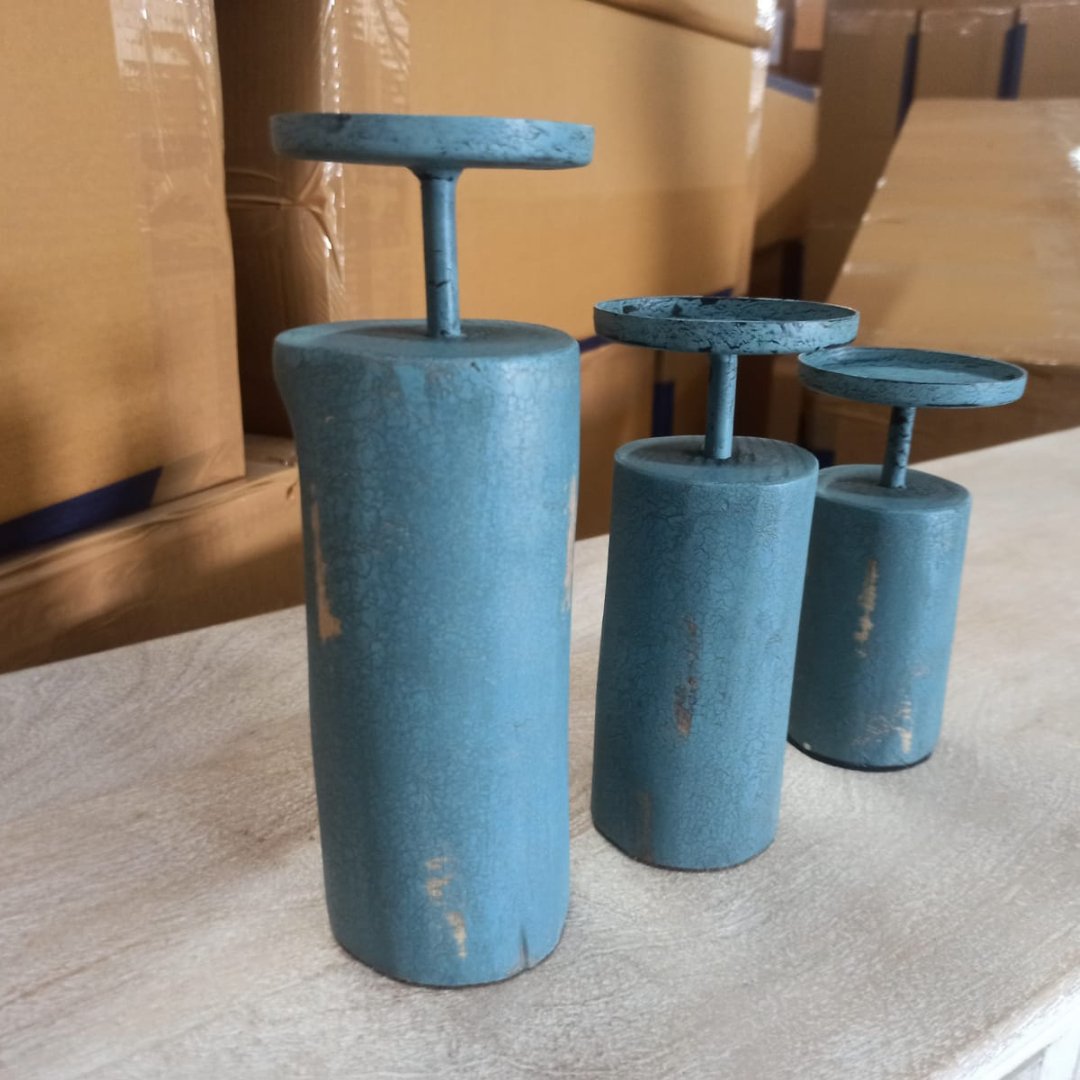 Set of 3 distressed turquoise Candle Holders - Rustic Furniture Outlet