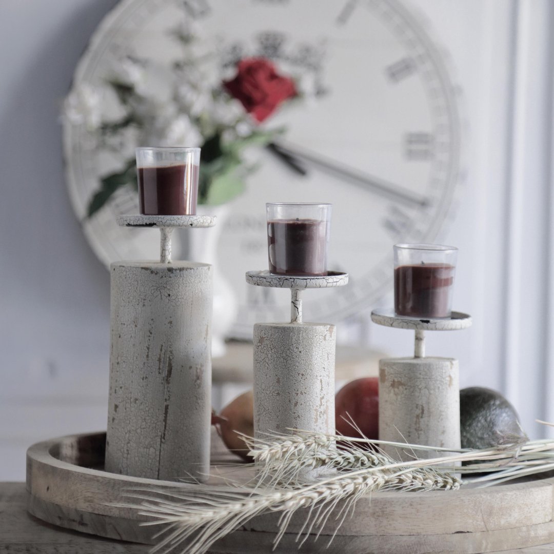 Set of 3 distressed White Candle Stands - Rustic Furniture Outlet