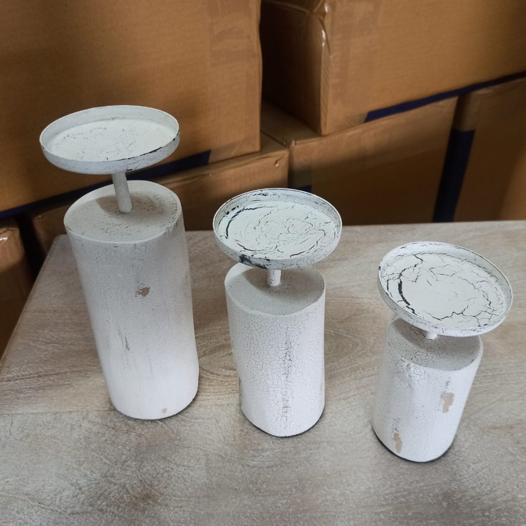 Set of 3 distressed White Candle Stands - Rustic Furniture Outlet