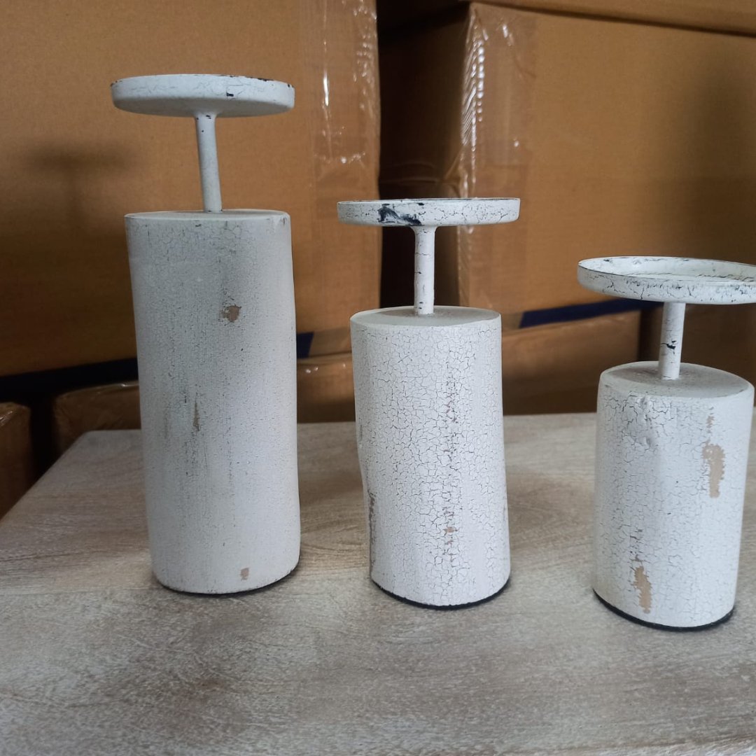 Set of 3 distressed White Candle Stands - Rustic Furniture Outlet