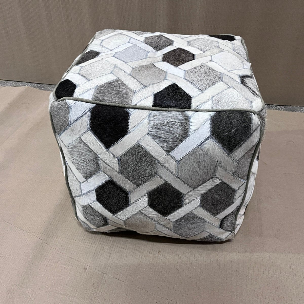 Silver/White Genuine Leather Cube pouf - Rustic Furniture Outlet