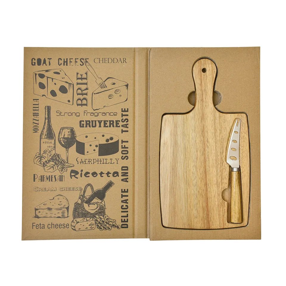 Small Acacia Wood Cheese Board with Knife Gift Box - Rustic Furniture Outlet
