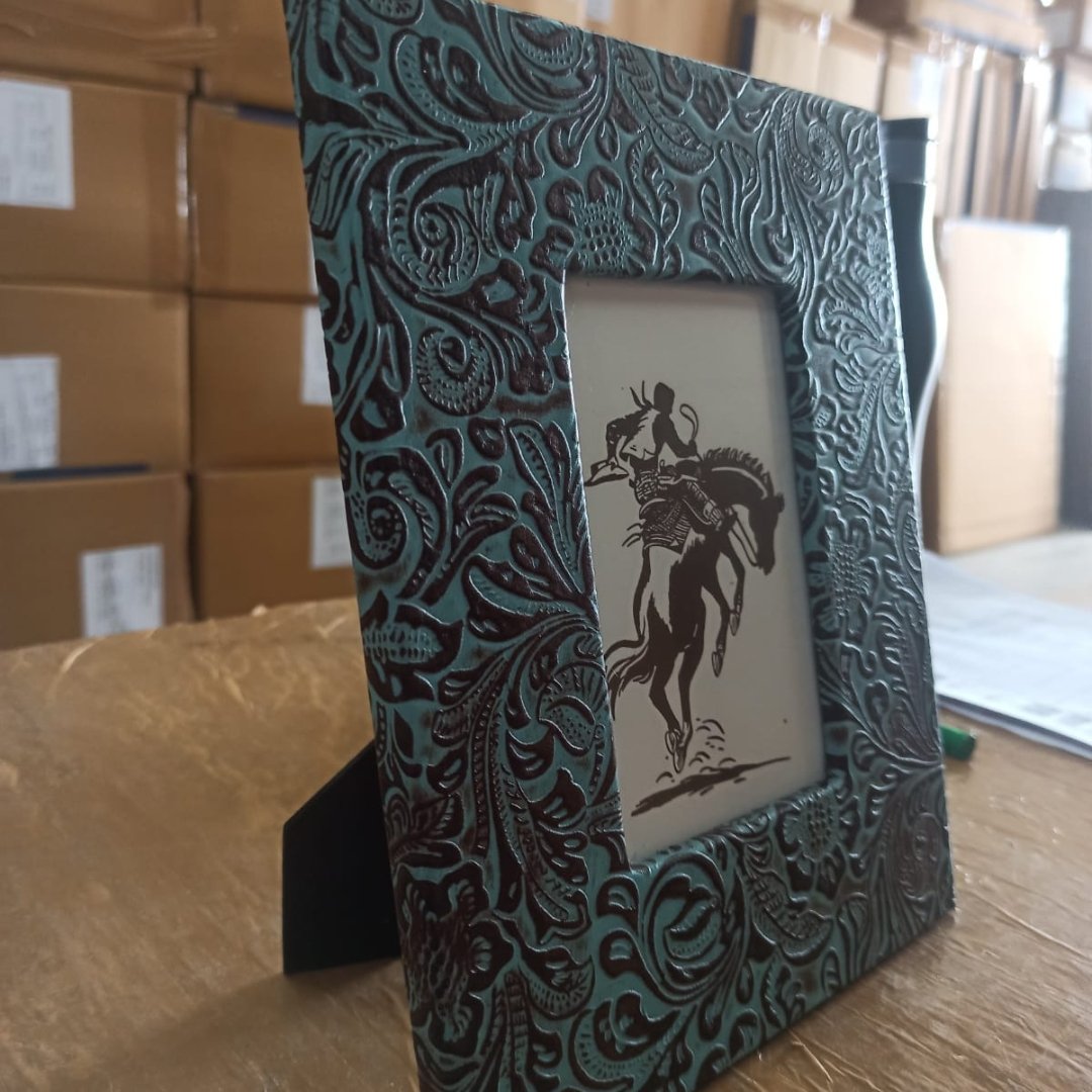 Turquoise leather embossed photo Frame - Rustic Furniture Outlet