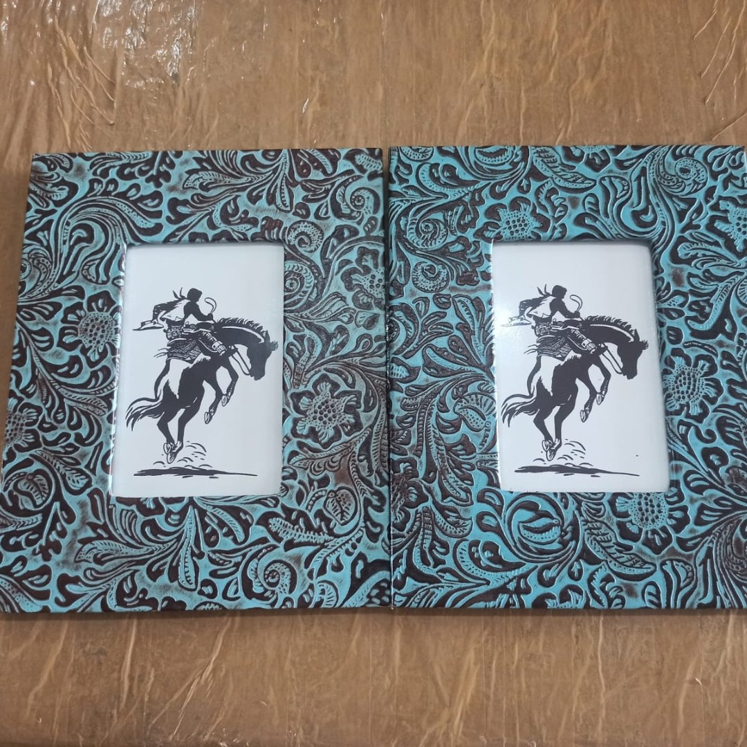 Turquoise leather embossed photo Frame - Rustic Furniture Outlet