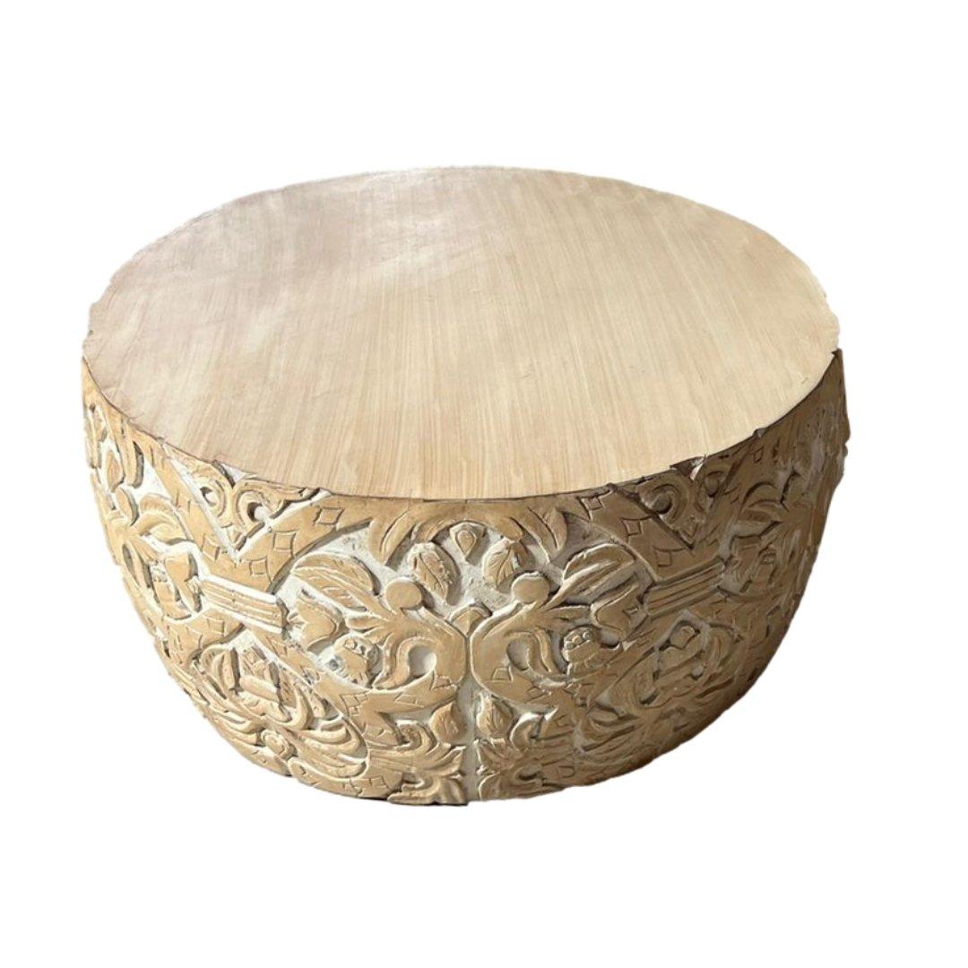 White Wash Jungle Mango Wood Drum Coffee Table - Rustic Furniture Outlet