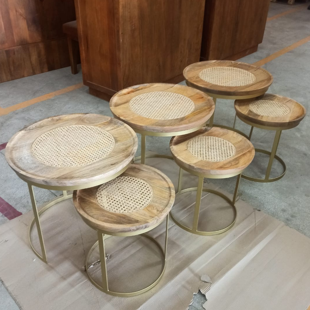 Nesting Mango Wood Rattan Coffee Tables | Entrepôt de meubles Rustiques