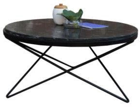 Black Marble round coffee table criscross legs - Rustic Furniture Outlet