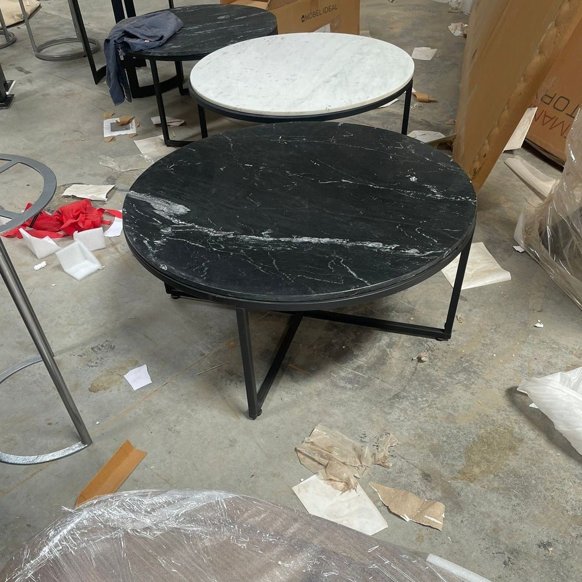 Black Marble round coffee table X Base |Rustic Furniture Outlet