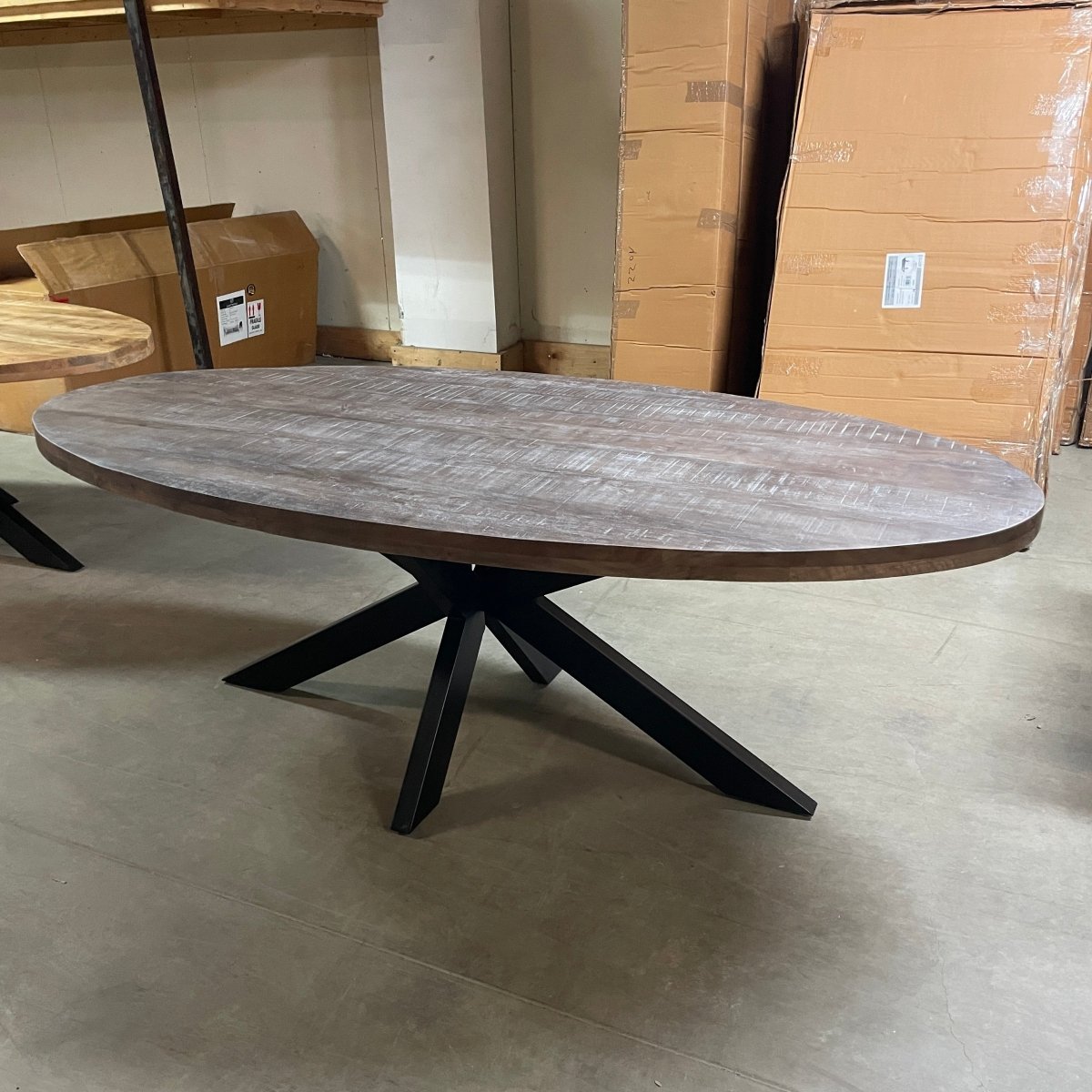 Cartier 91 inch Weathered Oval Mango wood dining table - Rustic Furniture Outlet