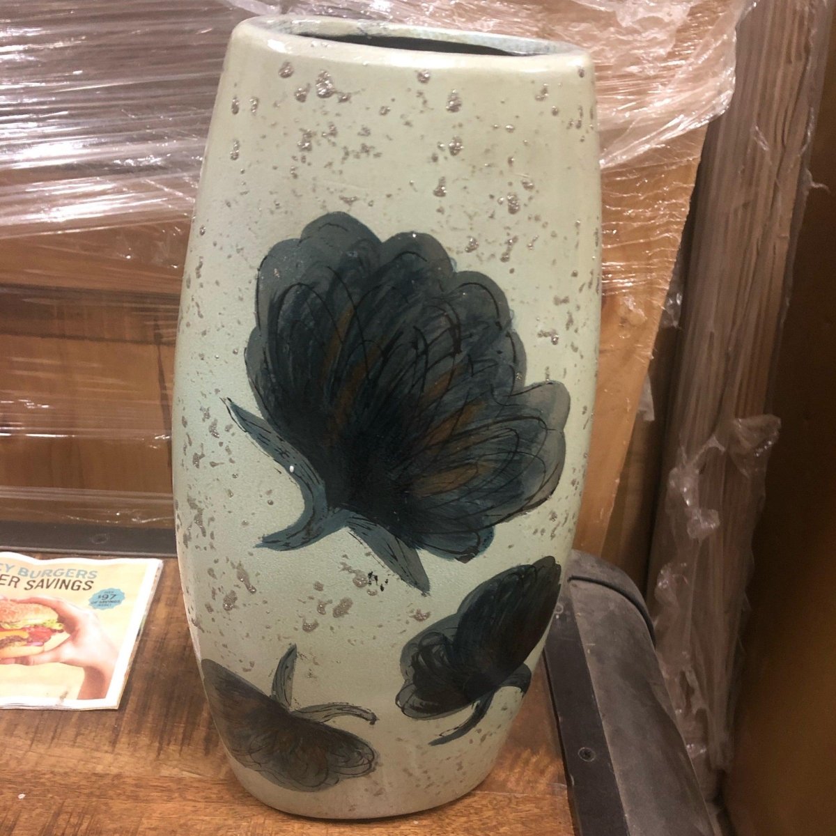 Cream vase with blue flowers - Rustic Furniture Outlet