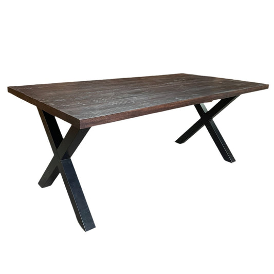Frontier Chocolate 75 table de salle à manger rectangulaire en bois de manguier pieds métalliques en X - Rustic Furniture Outlet