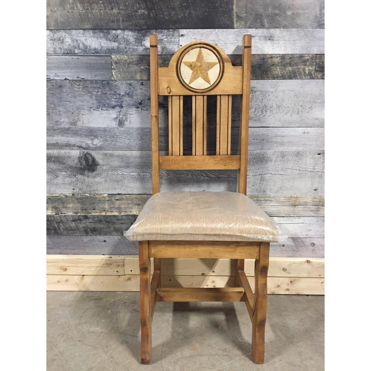 Marble inlay Star carving rustic pine chair with cushion - Rustic Furniture Outlet