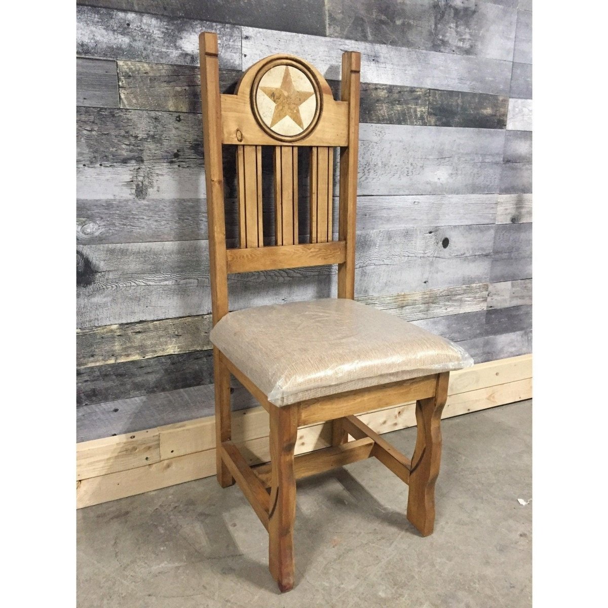 Marble inlay Star carving rustic pine chair with cushion - Rustic Furniture Outlet