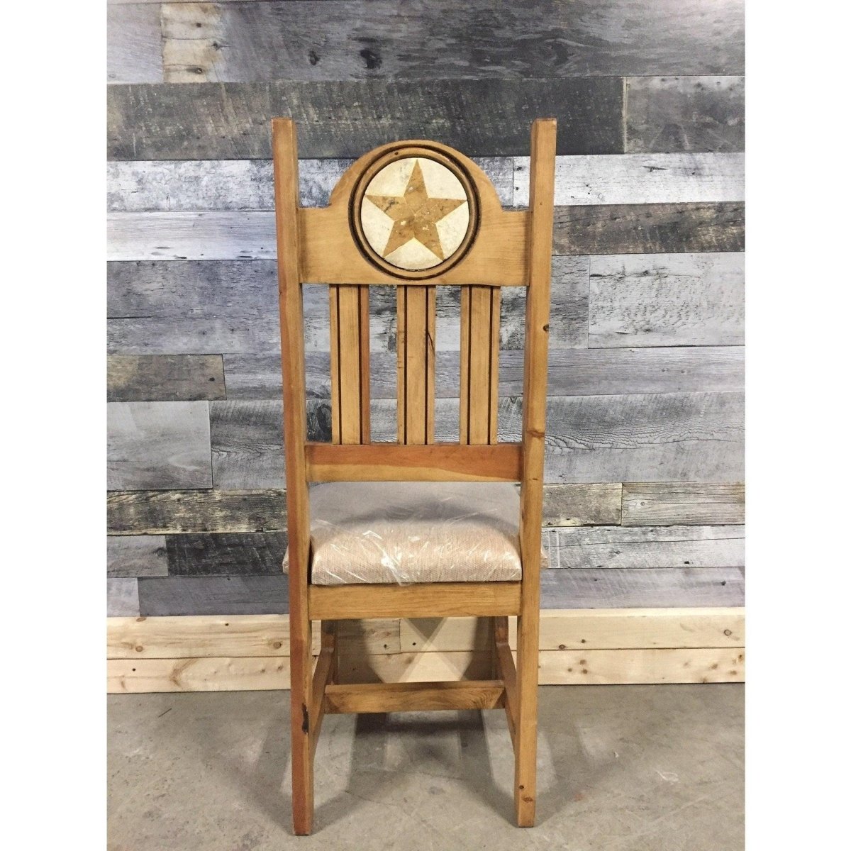 Marble inlay Star carving rustic pine chair with cushion - Rustic Furniture Outlet