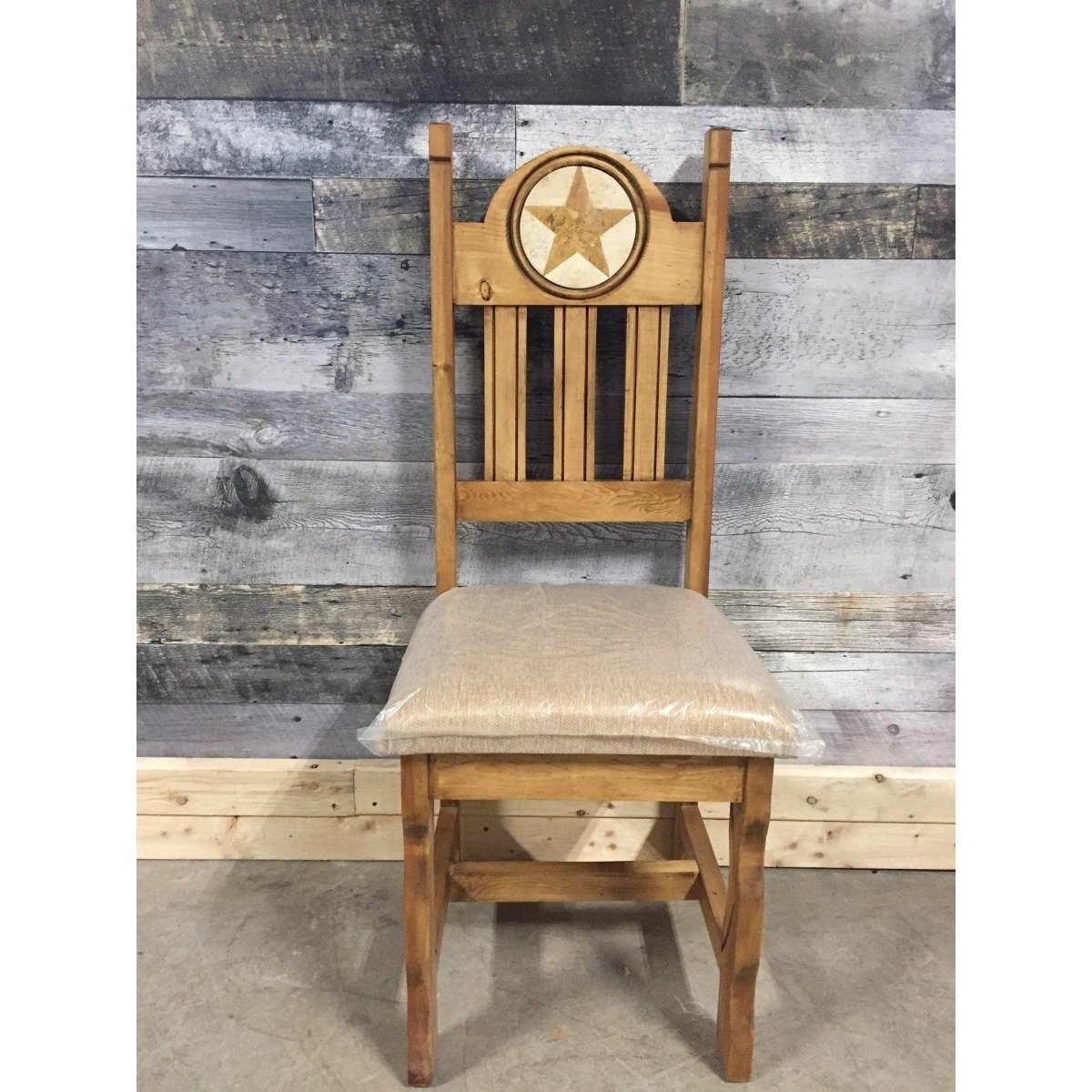Marble inlay Star carving rustic pine chair with cushion - Rustic Furniture Outlet