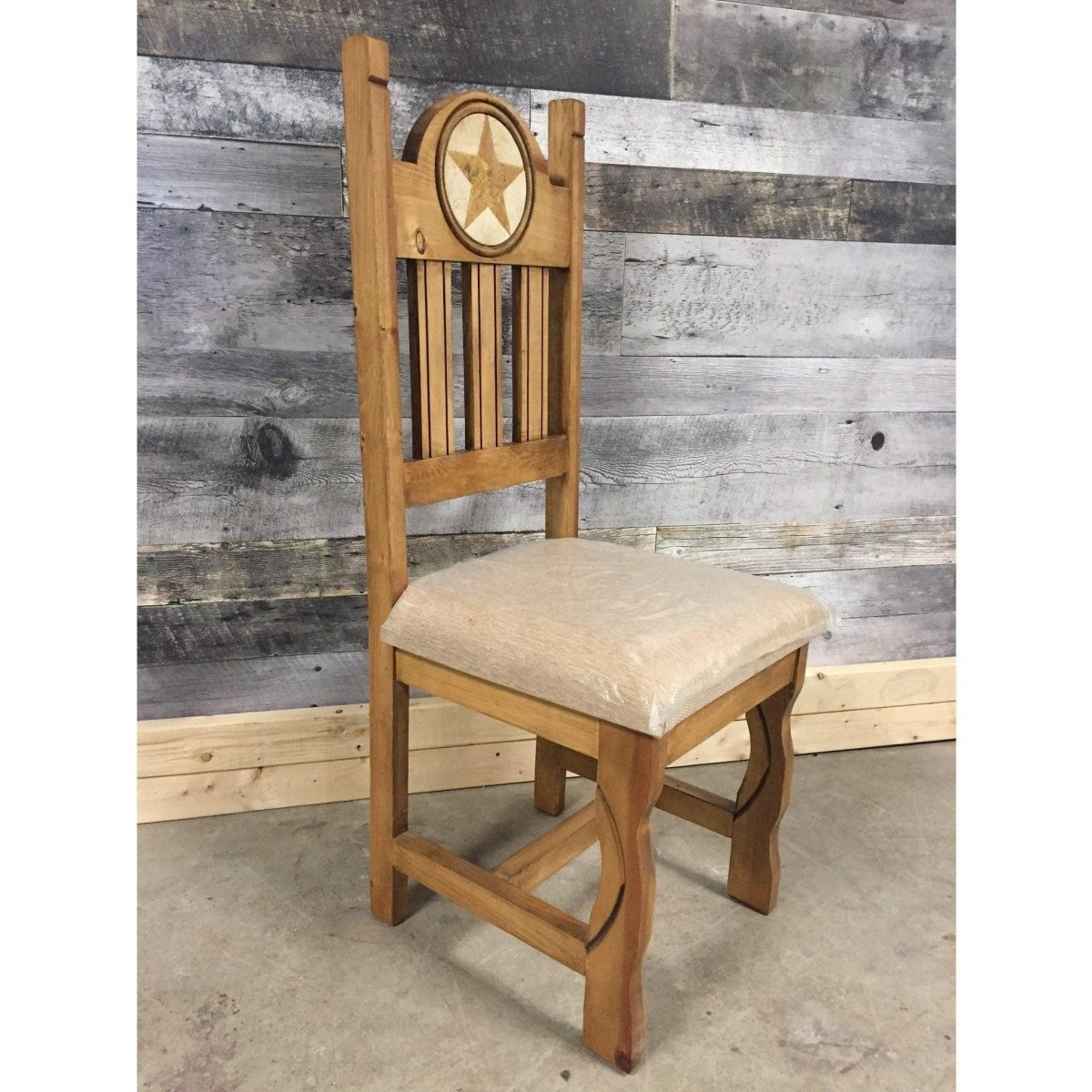 Marble inlay Star carving rustic pine chair with cushion - Rustic Furniture Outlet