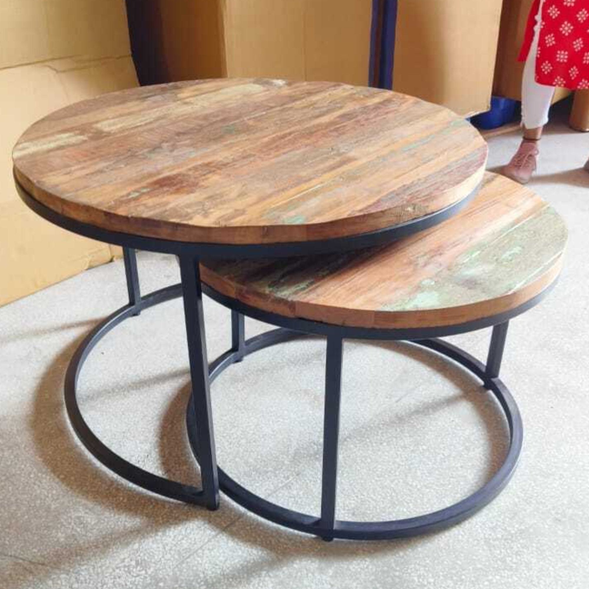 Old wood 30 inch Round nesting coffee tables (set of 2)