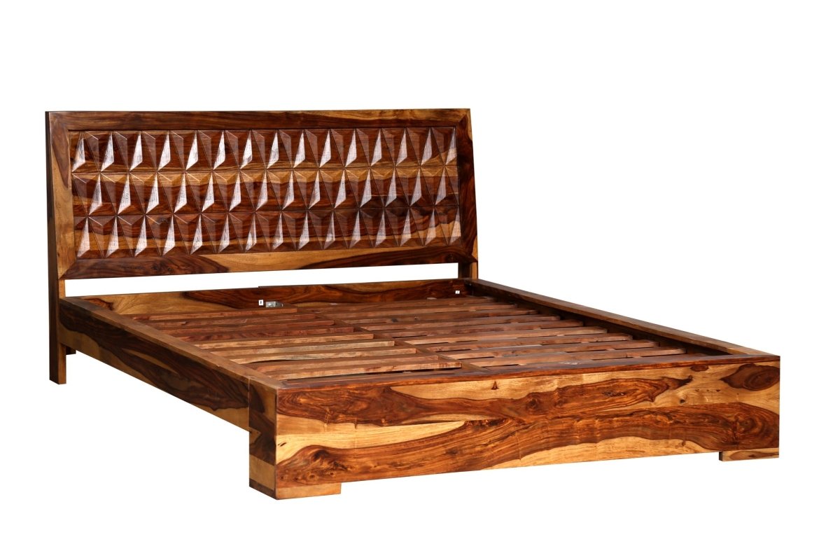 ROMY - SOLID ROSEWOOD BED WITH CNC HEADBOARD CARVING - Rustic Furniture Outlet