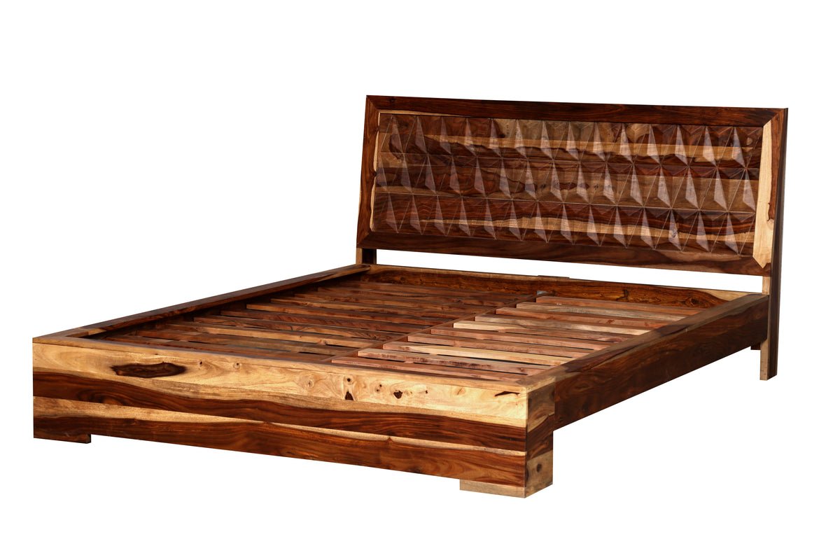 ROMY - SOLID ROSEWOOD BED WITH CNC HEADBOARD CARVING - Rustic Furniture Outlet
