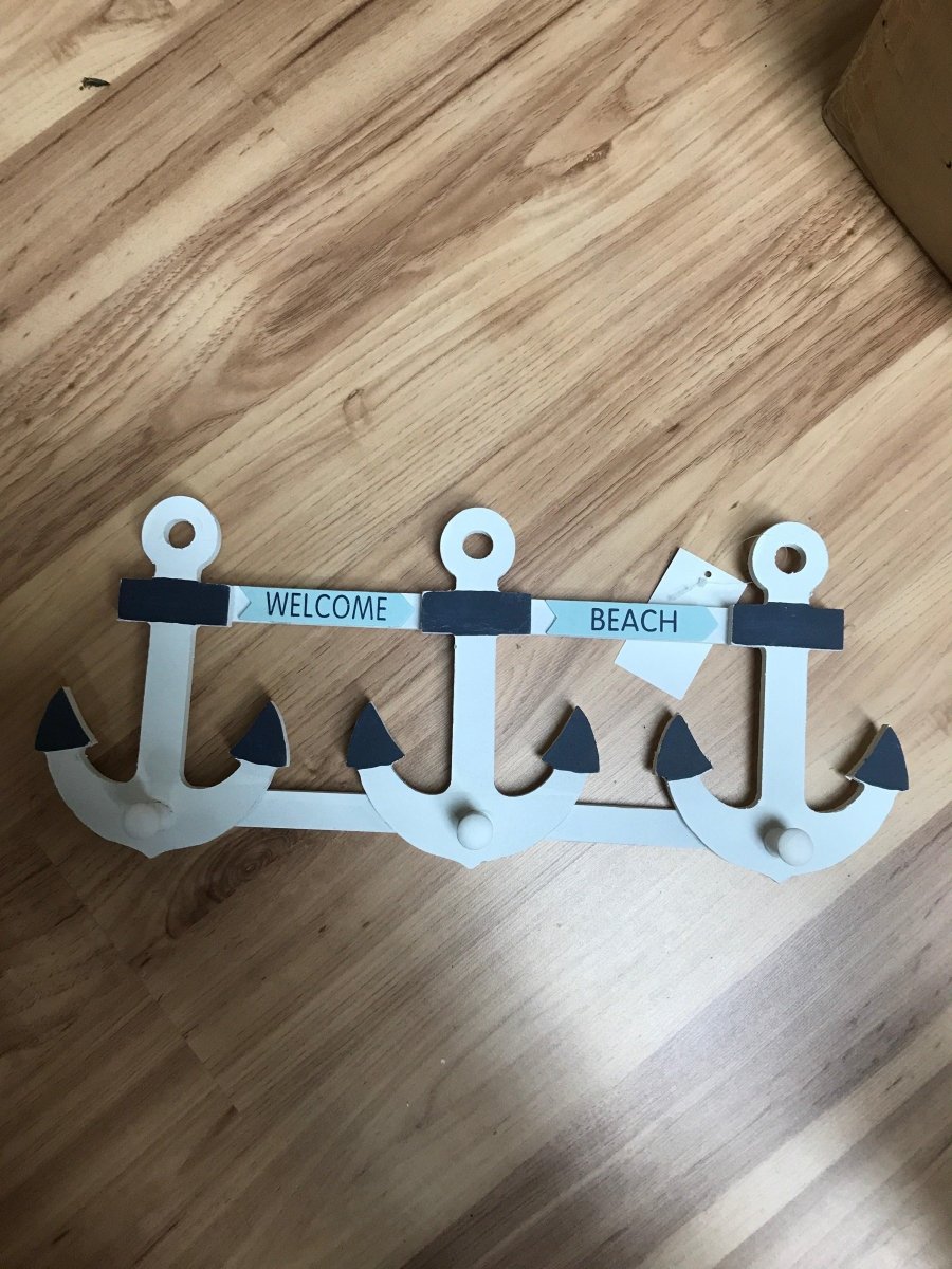 Three Wooden Blue and White Anchors with Hooks - Rustic Furniture Outlet